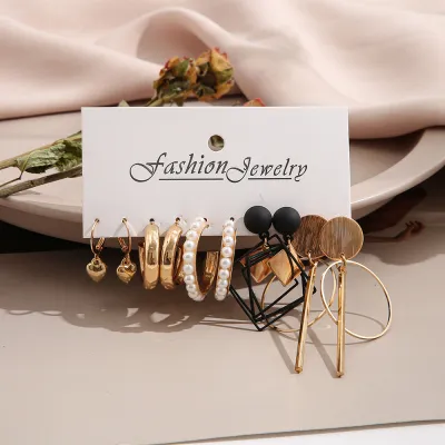 Temperament Vintage Geometric Design Pearl Decoration Alloy Earring Set