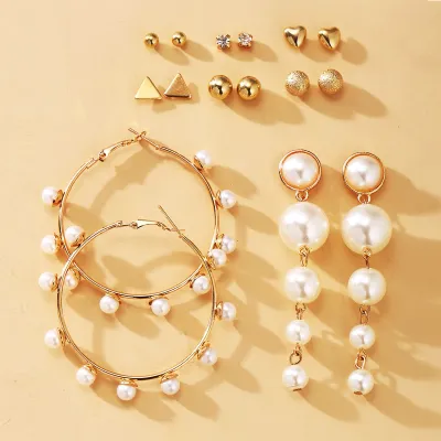 Temperament Geometric Design Pearl Decoration Alloy Earring Set