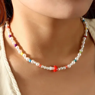 Cute Beaded Design Pearl Mushroom Decorated Resin Choker Necklace