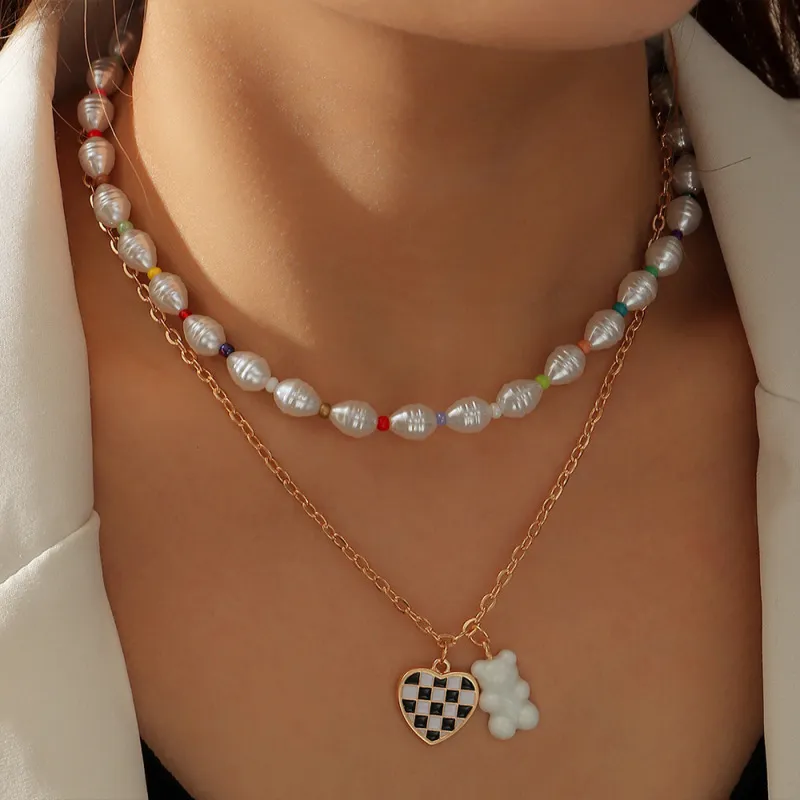 Cute Heart And Bear Pendant Beaded Design Multilayer Necklace