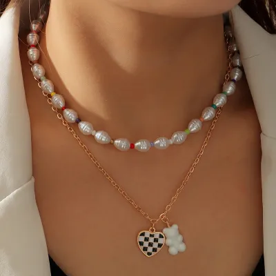 Cute Heart And Bear Pendant Beaded Design Multilayer Necklace