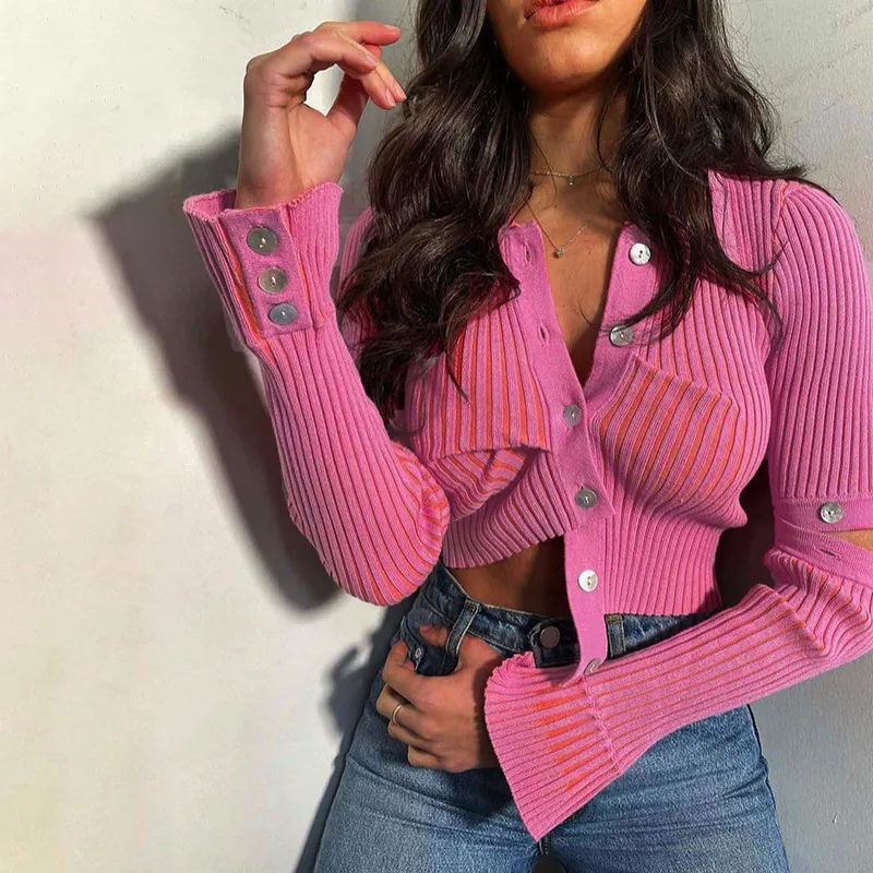 Women Autumn Edgy Solid Color Irregular Hem Long-sleeved Single-breasted Rin Knit Crop Top