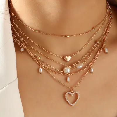 Baroque Heart Pearl Pendant Design Alloy Necklace Set