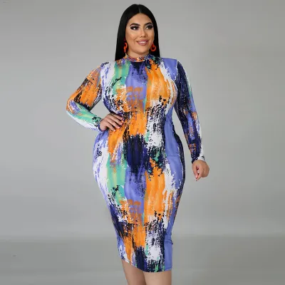 Plus Size Women Elegant Long Sleeves Allo Ver Printed Bodycon Dress