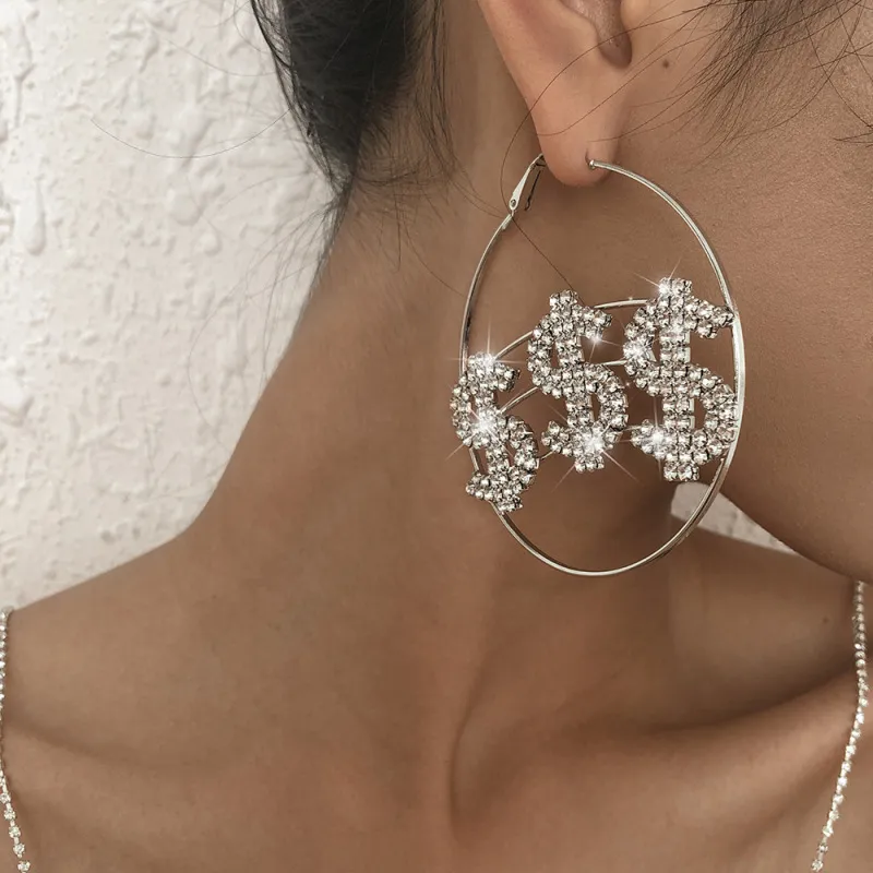 Exaggerated Dollar Symbol Rhinestone Decorative Alloy Hoop Earrings