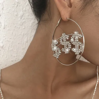 Exaggerated Dollar Symbol Rhinestone Decorative Alloy Hoop Earrings