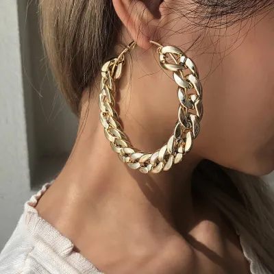 Exaggerated Punk Chain Design Alloy Hoop Earrings
