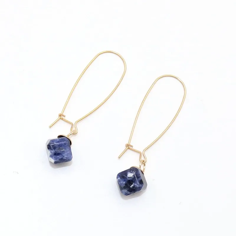 Square Shape Natural Stone Decor Women Brass Hoop Earrings