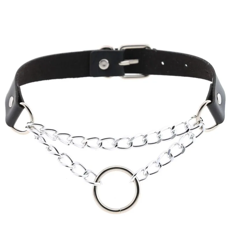 Punk Women Unique Double Layer Metal Chain Hollow Circle Decor PU Choker