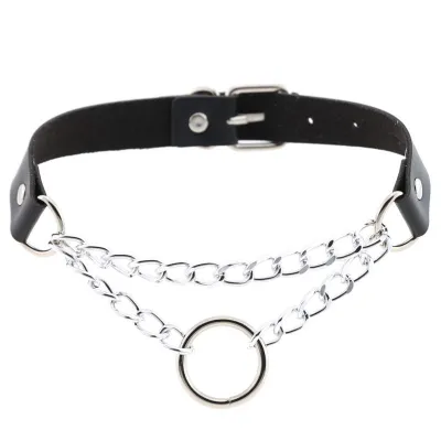 Punk Women Unique Double Layer Metal Chain Hollow Circle Decor PU Choker