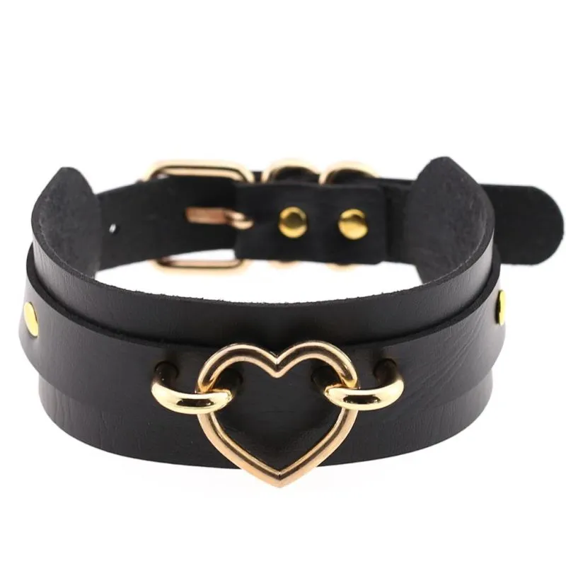 Women Exaggerated Wide PU Leather Alloy Heart Decor Punk Choker Necklace