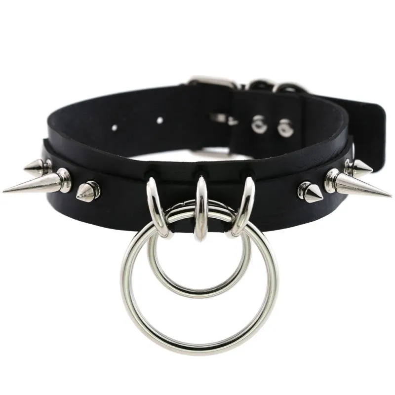 Unique Women Punk Pattern Solid Color PU Leather Alloy Ring Decor Choker