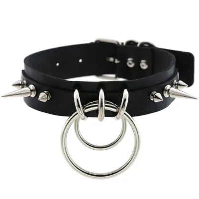 Unique Women Punk Pattern Solid Color PU Leather Alloy Ring Decor Choker