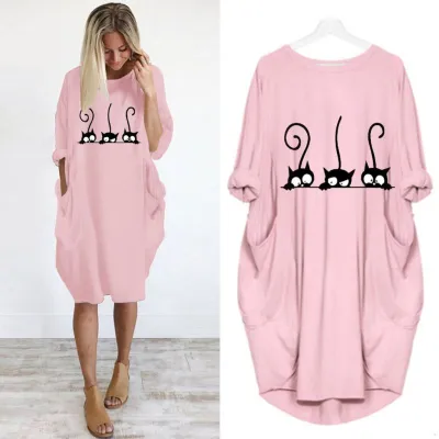 S-5XL Plus Size Women Cartoon Cat Print Round Collar Casual Loose Dress