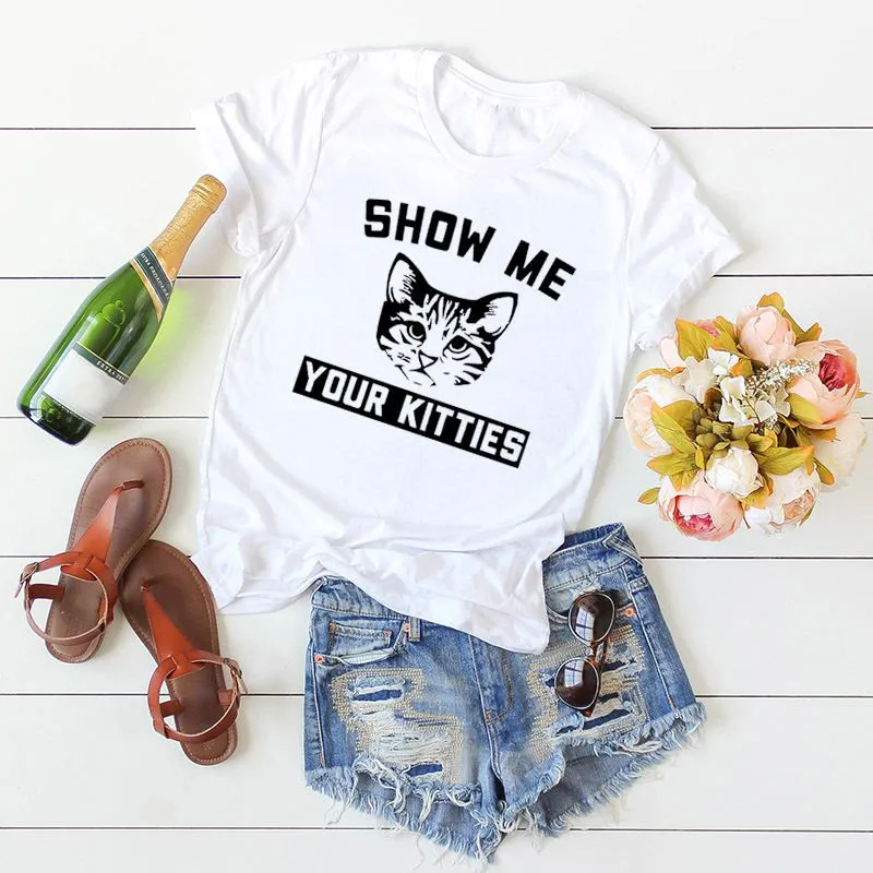 S-5XL Wholesale Creative Letter Cat Print Round Collar Tee