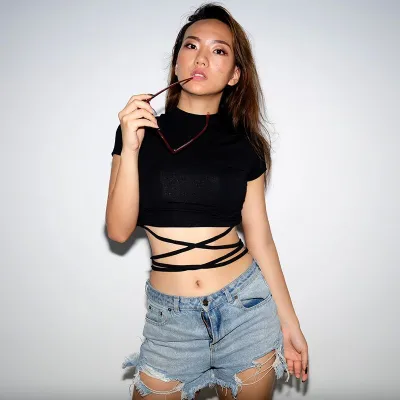 Hot Sale Women Short-sleeve Lace Up Crop Tops
