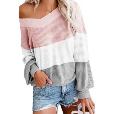 S-XXL Women Casual Stripe Pattern Block Color Knitwear