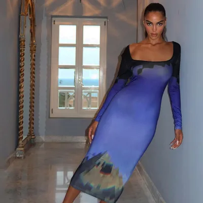 S-L Women Autumn And Winter Elegant Long Sleeve Color Blocking Backless All Over Printed Bodycon Dress