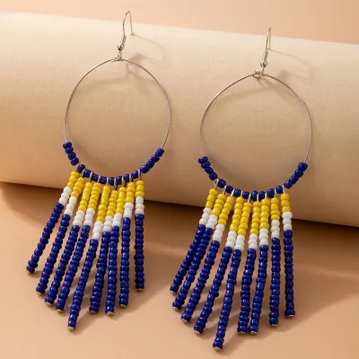 Women Bohemian Style Exaggerated Beaded Design Pendant Tassel Earrings