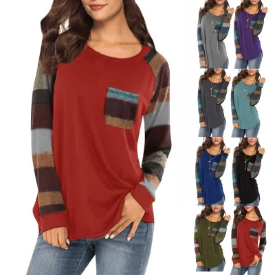 S-2XL Women Autumn Long-sleeved Round Neck Loose Pocket Color Blocking Loose T-shirt