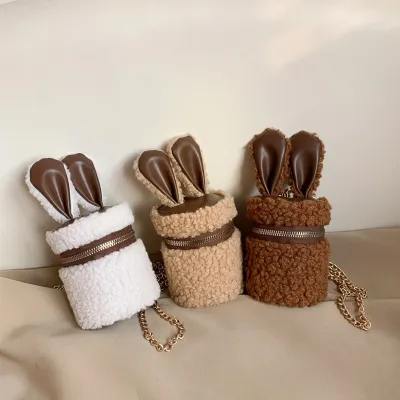 Women Creative Rabbit Ears Design Solid Color Plush Crossbody Bucket Bag