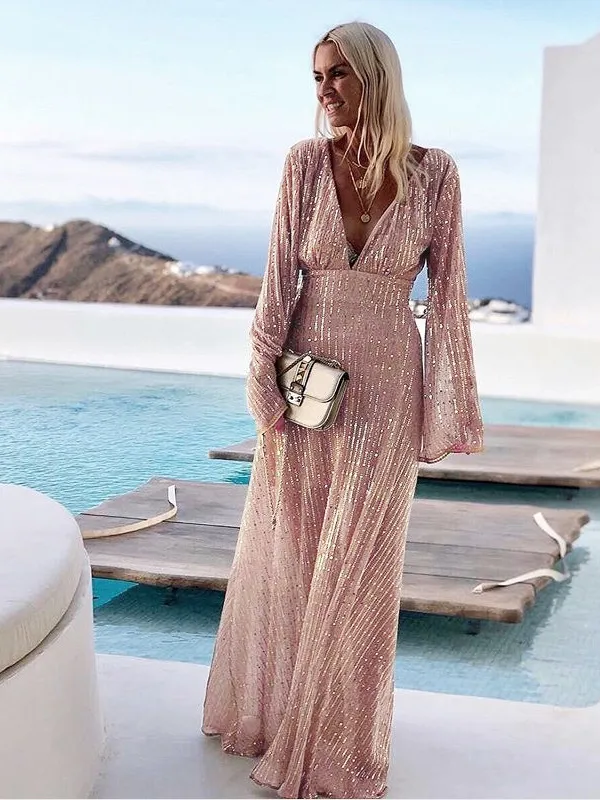 S-XL Women Elegant Sequin Long-sleeve V-neck Floor Length Evening Dress