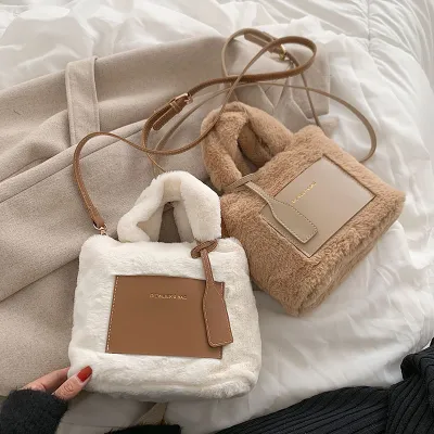 Women Vintage Plush Shoulder Crossbody Handle Bag