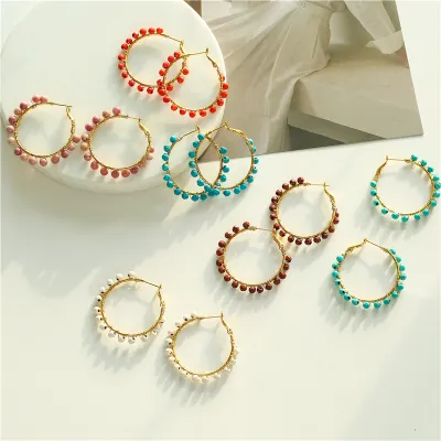 Temperament Round Shape Beads Decorative Hoop Earrings