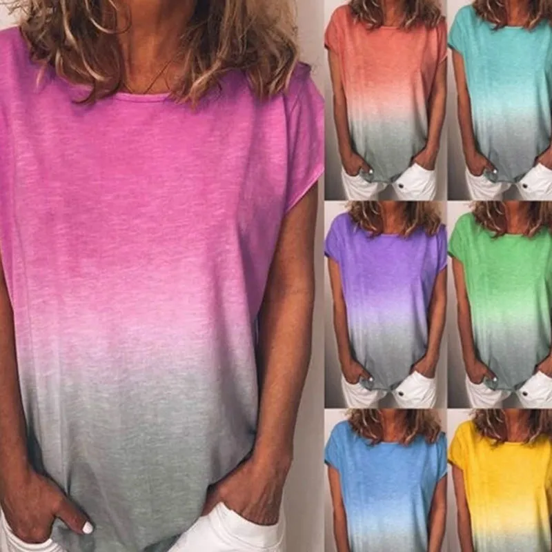 S-5XL Women Fashion Gradient Color Round Collar Short-sleeve Tee