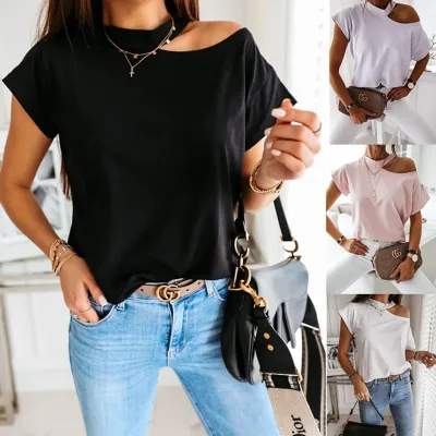 S-XXL Women Solid Color Hollow Round Collar Short-sleeve Tee