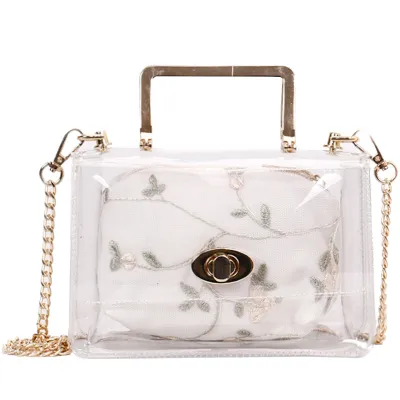 Women Floral Embroidery Transparent Chain Handle Crossbody Bag