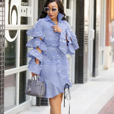 S-3XL Women Striped Lapel Ruffled Long-sleeve Shirt Dress