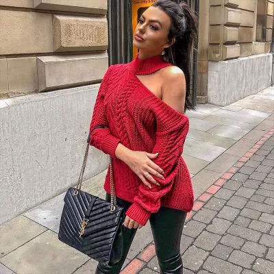 S-L Women Fashion Halterneck Cool-shoulder Irregular Long Sleeve Sweater