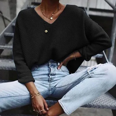 S-XL Women Sexy V-neck Solid Color Loose Sweater