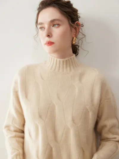 Autumn And Winter Cashmere Wool Women'S Half-Turtleneck Knitted Base Shirt Plus Size Sweater Loose Thick Large Twisted Flower