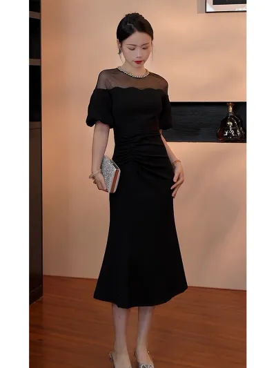 Stitching Round Neck Perspective Lace Puff Sleeve Dress Women'S 2024 Summer Black Elegant Long Dress