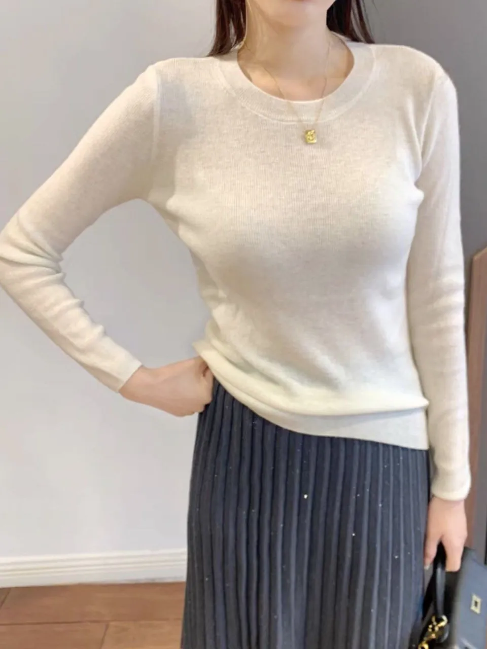 Gao Ding Autumn And Winter High 16G Ultra-Fine Wool Crewneck Light Warm Base Knitted Shirt Inner Top