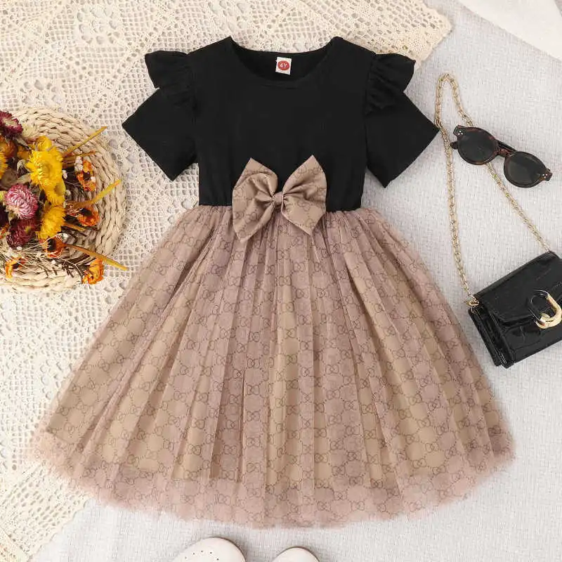 Kids Toddler Girls Casual Cute Patchwork Mesh Bow Print Short Sleeve Round Neck Dress