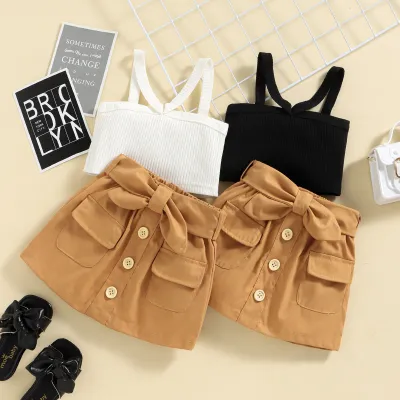 Kids Toddler Girls Fashion Casual Cute Bow Sleeveless Stripe Camisole Skirt Set