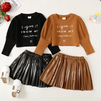 Kids Toddler Girls Spring  Autumn Fashion Casual Letter Print Long Sleeve Round Neck Top PU Skirt Set
