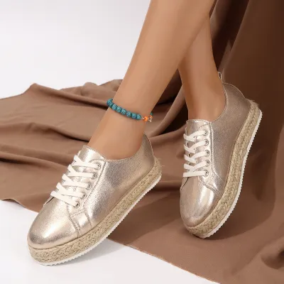 Large Size Lace-Up Women Thick-Soled Gold Low-Top Breathable Loafers