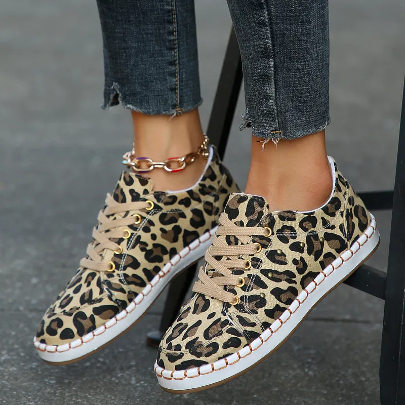 Women Casual Plus Size Leopard Print Canvas Sneakers