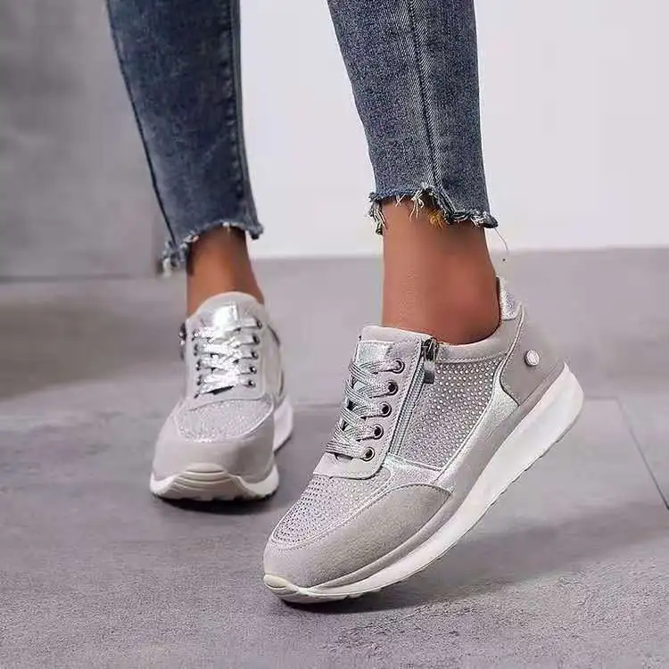 Women Fashion Casual Plus Size Rhinestone Lace-Up Sneakers
