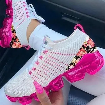 Women Fashion Plus Size Color Block Fly-Woven Breathable Floral Thick-Soled Sneakers