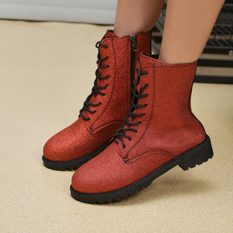 Women Fashion Plus Size Thin Flash Zipper Strap Round Toe Short Boots