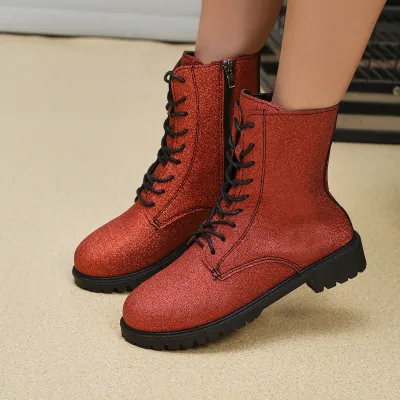 Women Fashion Plus Size Thin Flash Zipper Strap Round Toe Short Boots