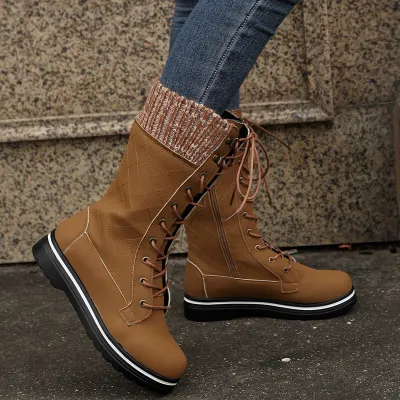 Women Fashion Vintage Plus Size Strap Knitted Mid-Calf Boots
