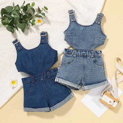 Kids Toddler Girls Casual Cute Basic Solid Color Denim Sleeveless U Neck Jumpsuit