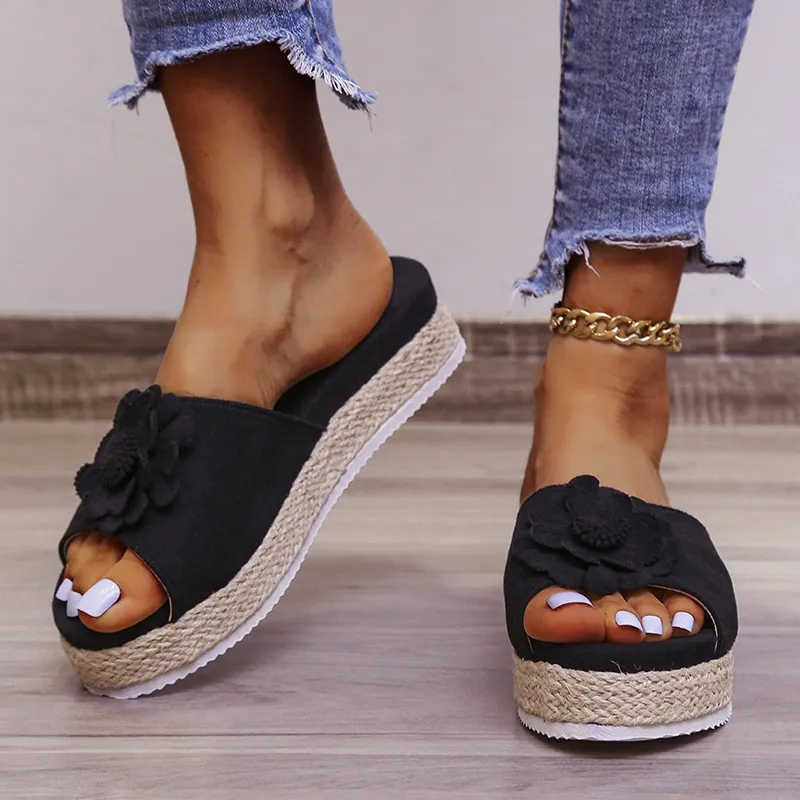 Women Fashion Plus Size Floral Open Toe Hemp Rope Bottom Thick-Soled Slippers