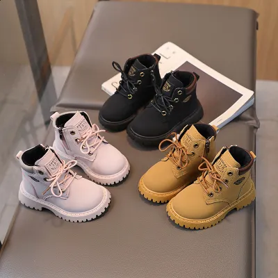 Kids Unisex Winter Fashion Casual Round-Toe Lace-Up PU Leather Combat Boots